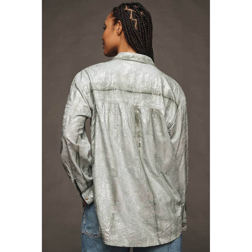 Pilcro Anthropologie Metallic Silver Foil Button Down Shirt Grey Rayon Large - Picture 6 of 10